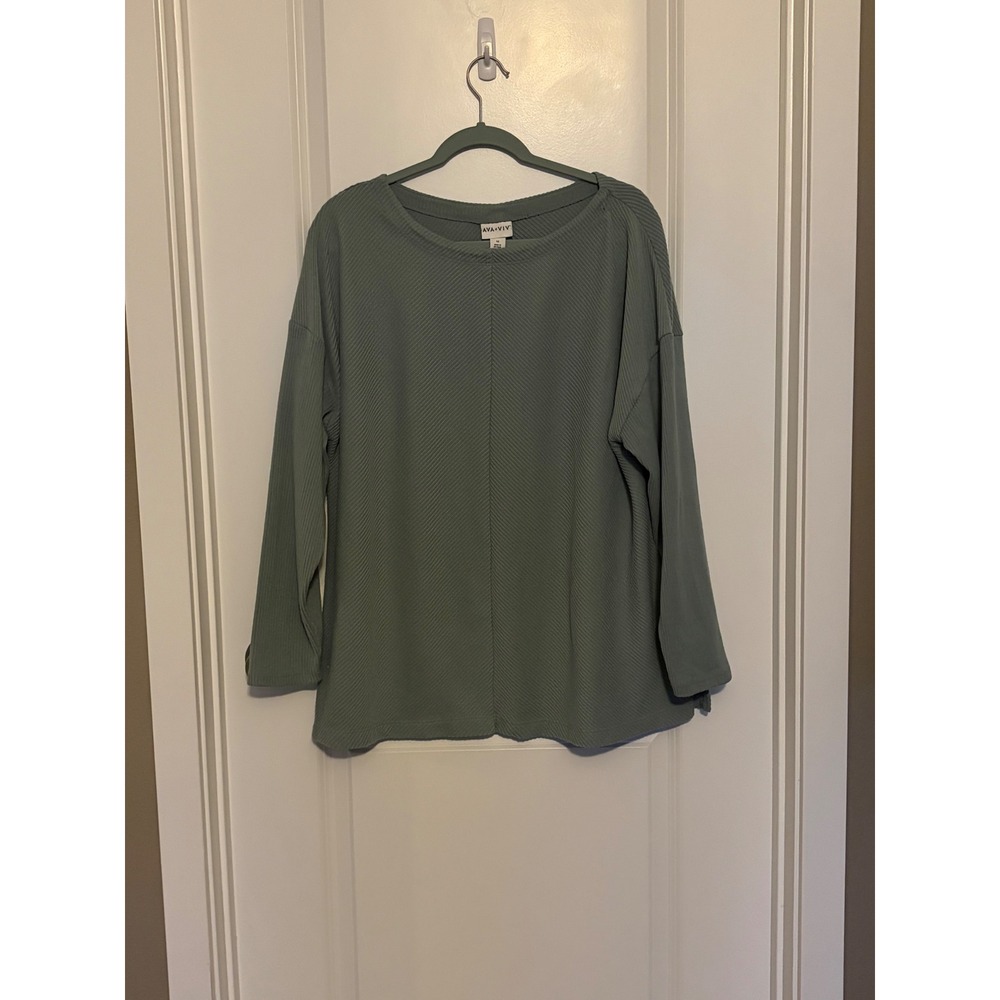 AVA AND VIV Plus Size 1X Green Ribbed Crew Neck Long Sleeve Top